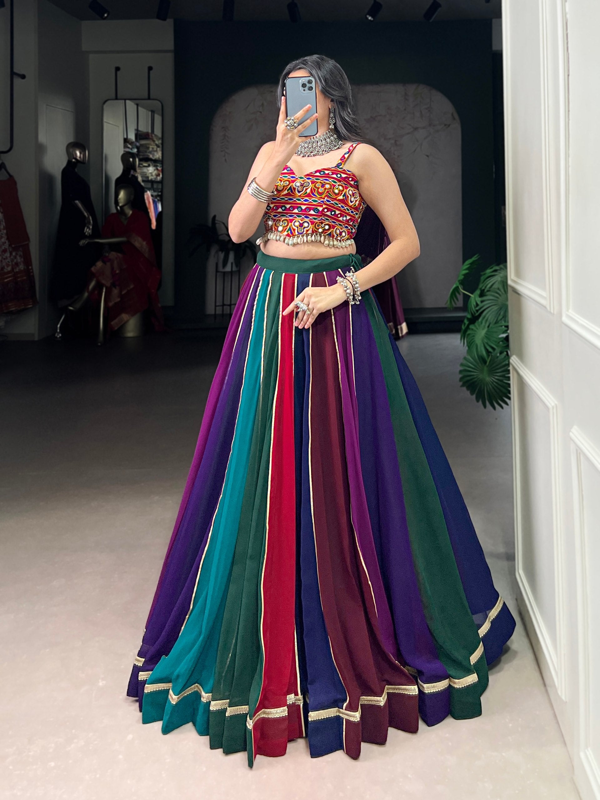 Multicolour Pure Georgette Gotta Patti Work Navratri Lehenga Choli
