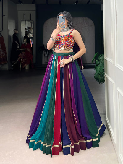 Multicolour Pure Georgette Gotta Patti Work Navratri Lehenga Choli