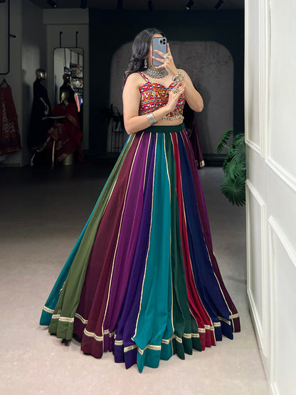 Multicolour Pure Georgette Gotta Patti Work Navratri Lehenga Choli