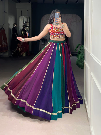 Multicolour Pure Georgette Gotta Patti Work Navratri Lehenga Choli