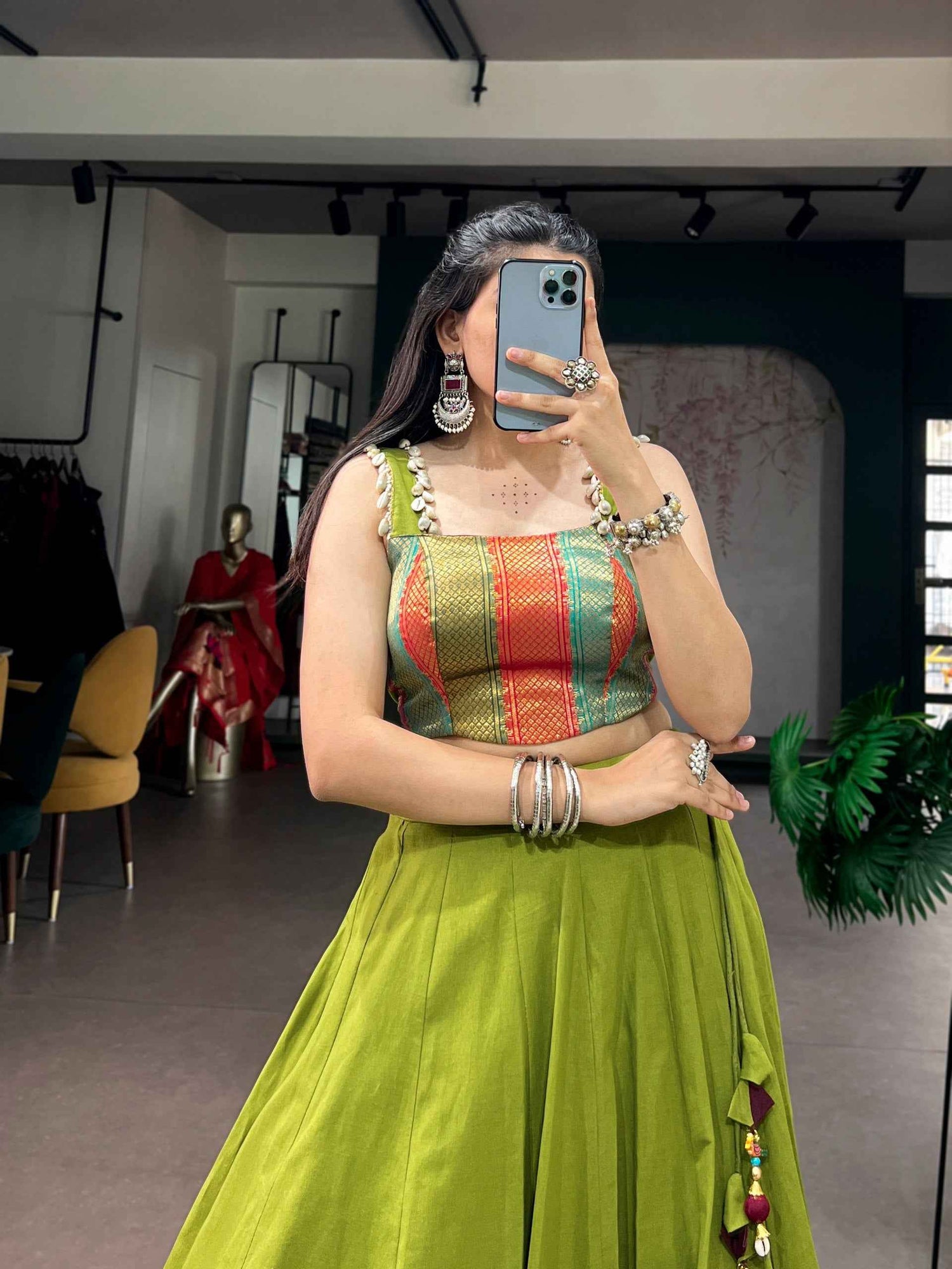 Parrot Pure Reyon Cotton Zari Weaving Work Navratri Lehenga Choli