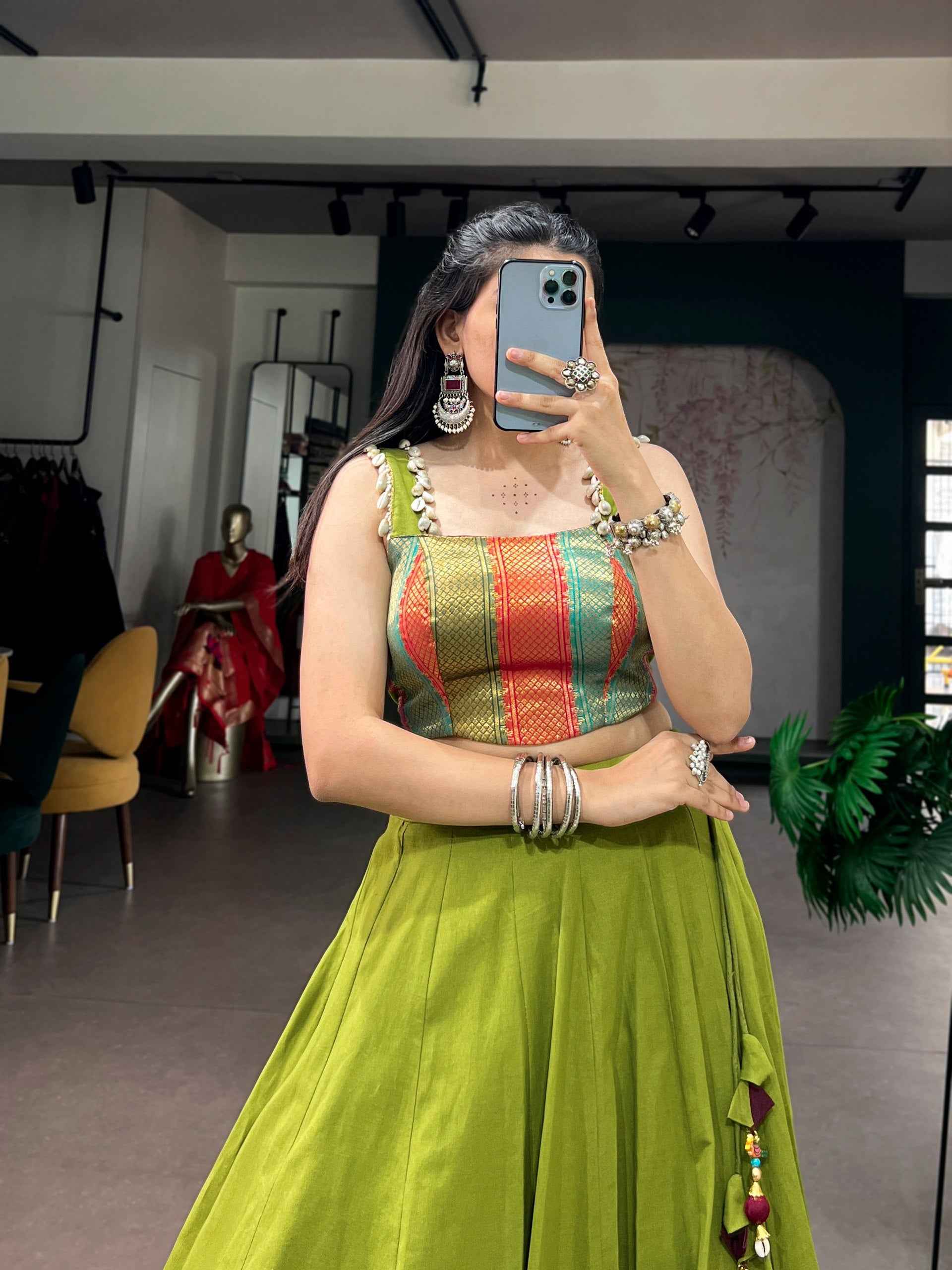Parrot Pure Reyon Cotton Zari Weaving Work Navratri Lehenga Choli