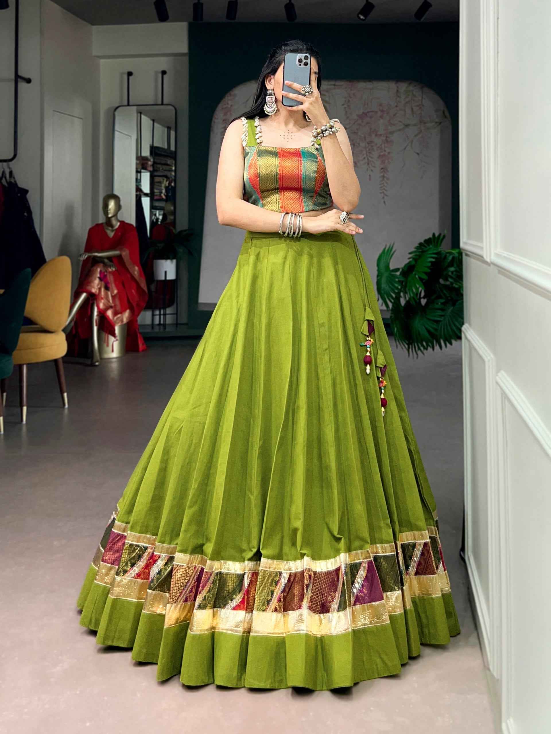 Parrot Pure Reyon Cotton Zari Weaving Work Navratri Lehenga Choli