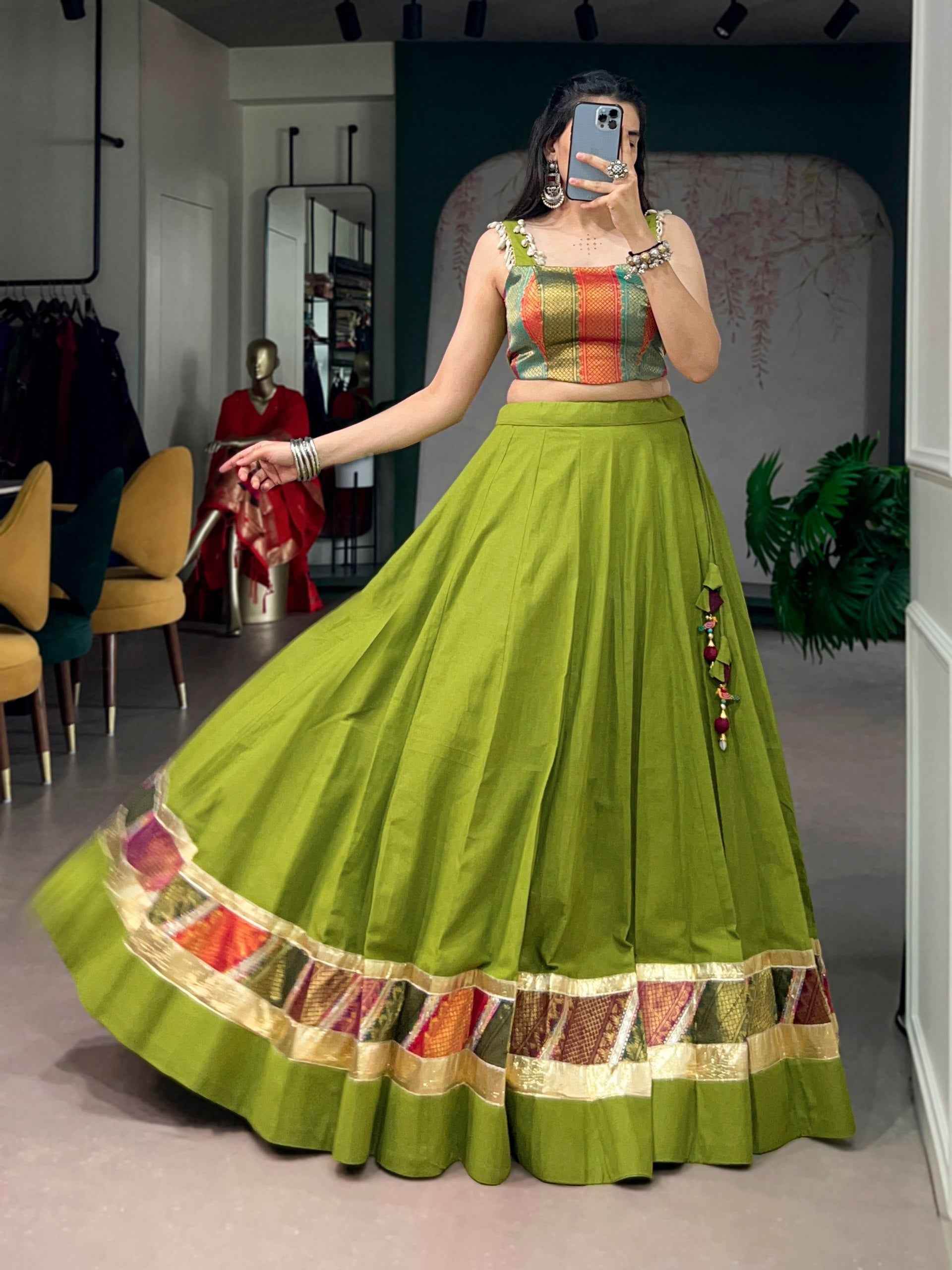 Parrot Pure Reyon Cotton Zari Weaving Work Navratri Lehenga Choli