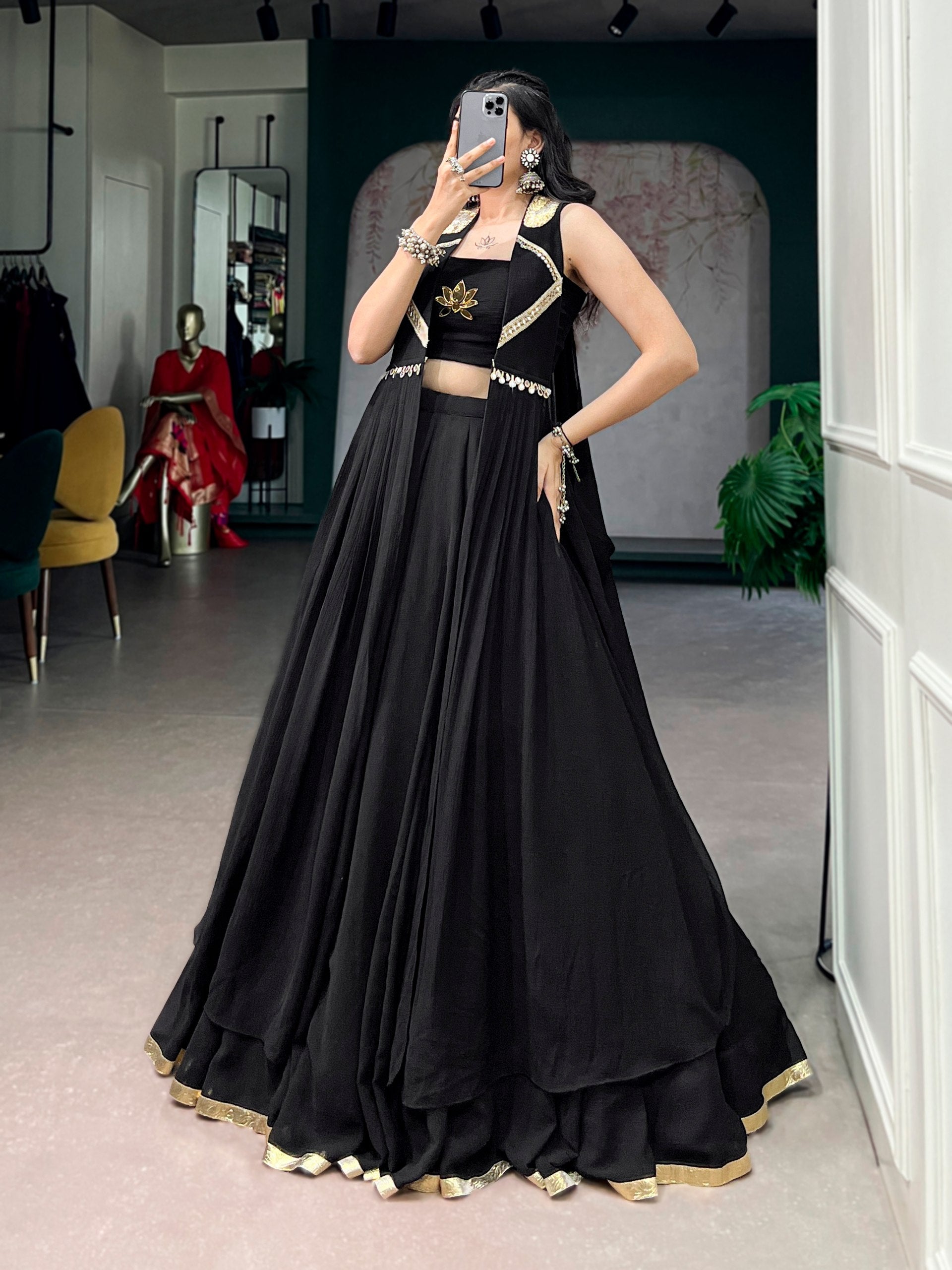 Black Pure Reyon Cotton Lotus Handwork Navratri Lehenga Choli