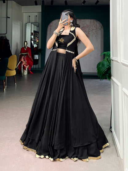 Black Pure Reyon Cotton Lotus Handwork Navratri Lehenga Choli