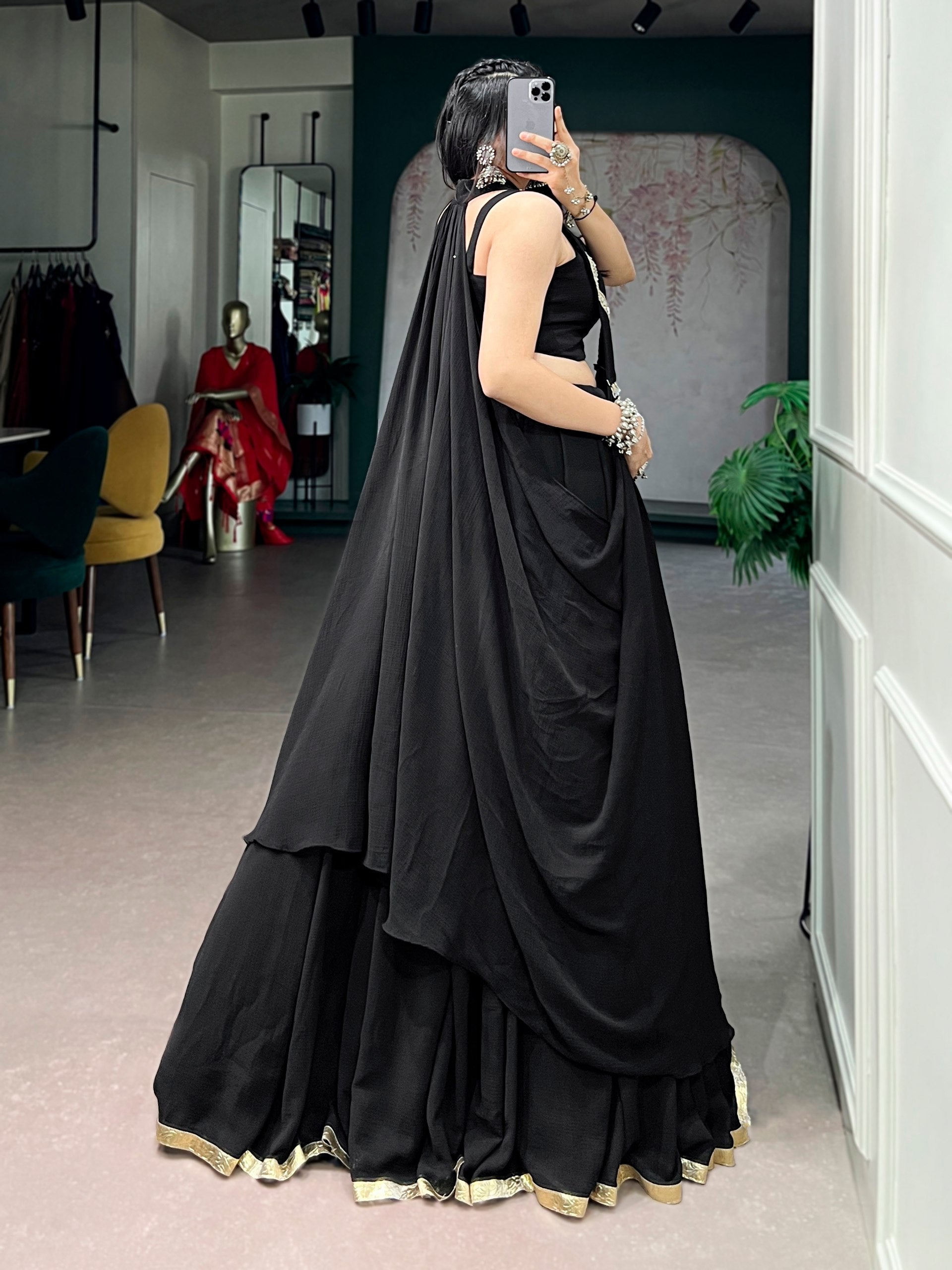 Black Pure Reyon Cotton Lotus Handwork Navratri Lehenga Choli