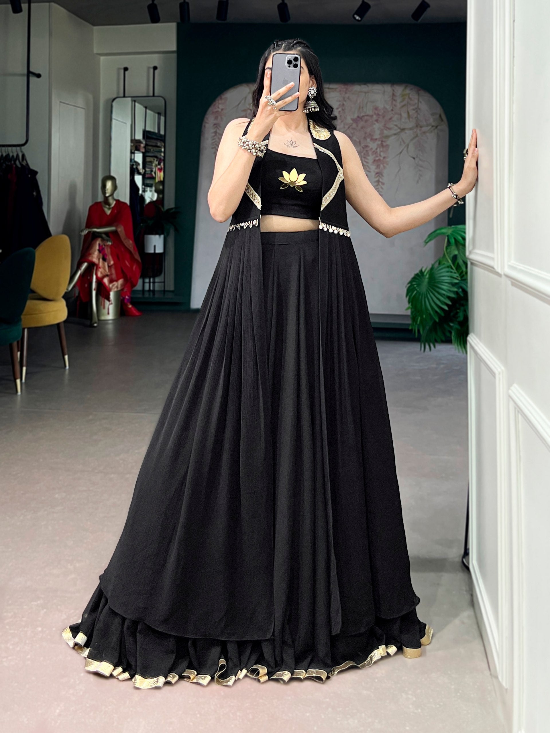 Black Pure Reyon Cotton Lotus Handwork Navratri Lehenga Choli