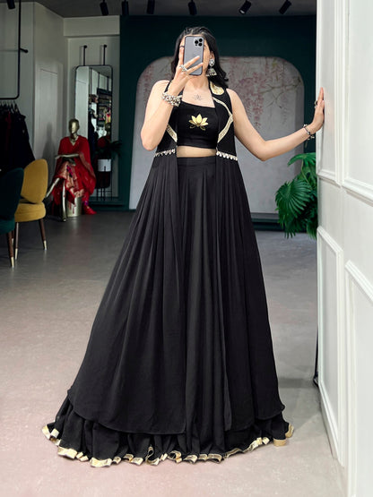 Black Pure Reyon Cotton Lotus Handwork Navratri Lehenga Choli