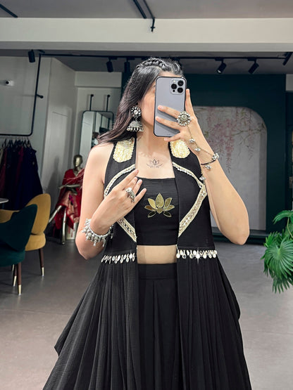 Black Pure Reyon Cotton Lotus Handwork Navratri Lehenga Choli