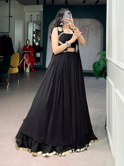 Black Pure Reyon Cotton Lotus Handwork Navratri Lehenga Choli