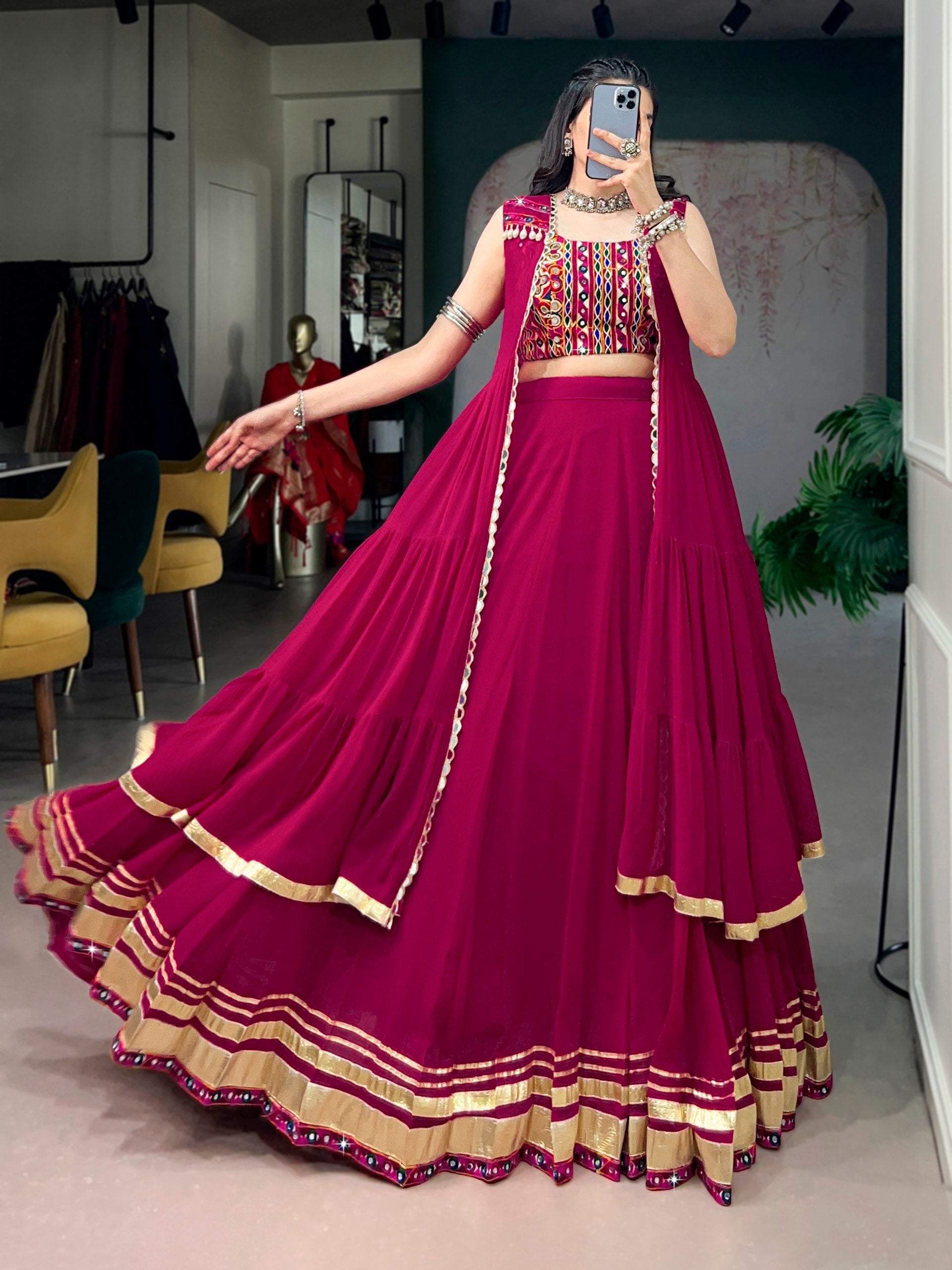 Red Pure Reyon Cotton Gamthi Gotta Patti Work Navratri Lehenga Choli