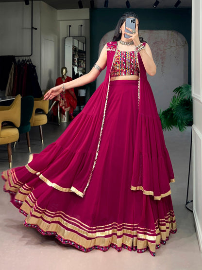 Red Pure Reyon Cotton Gamthi Gotta Patti Work Navratri Lehenga Choli