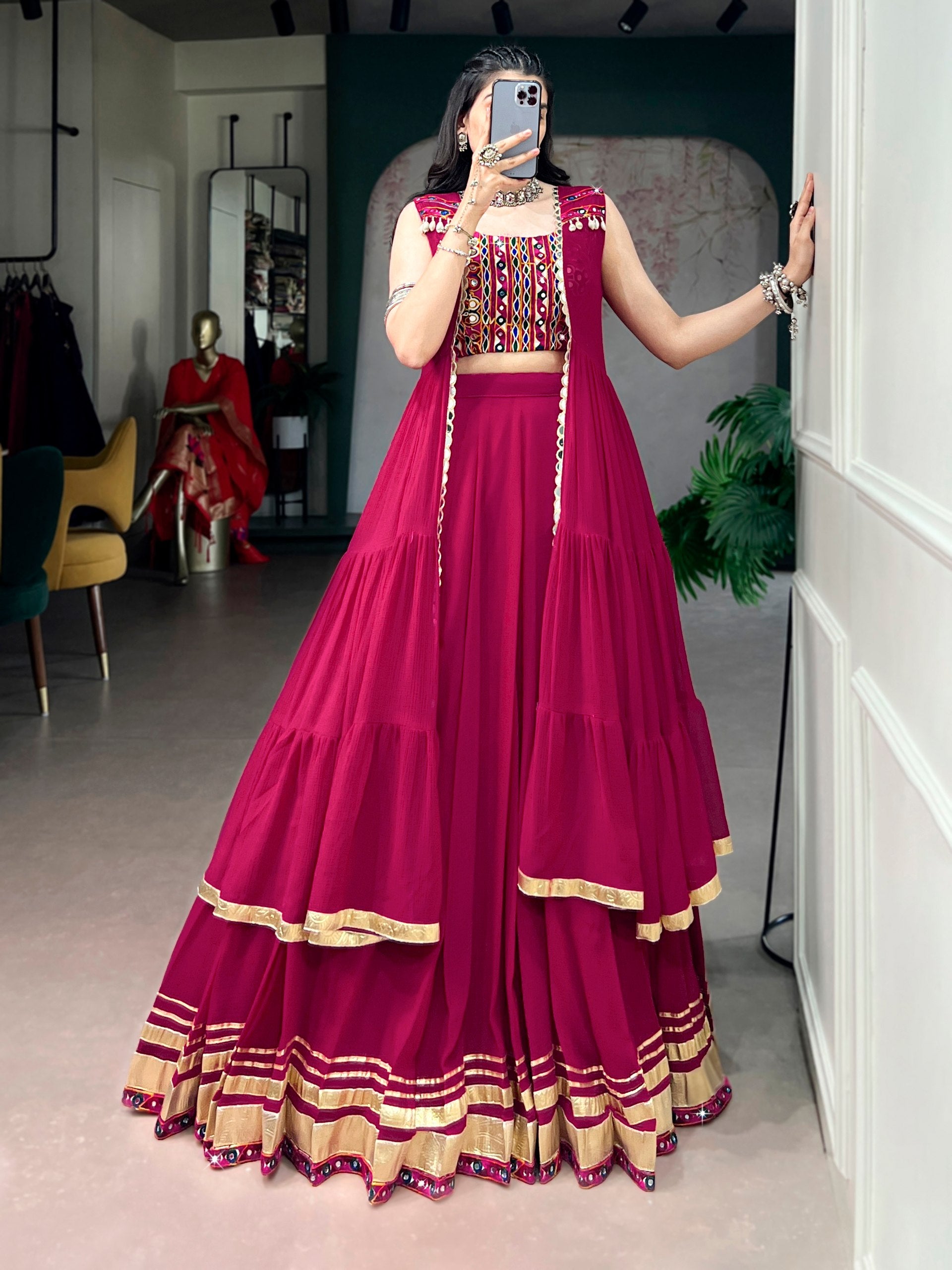 Red Pure Reyon Cotton Gamthi Gotta Patti Work Navratri Lehenga Choli