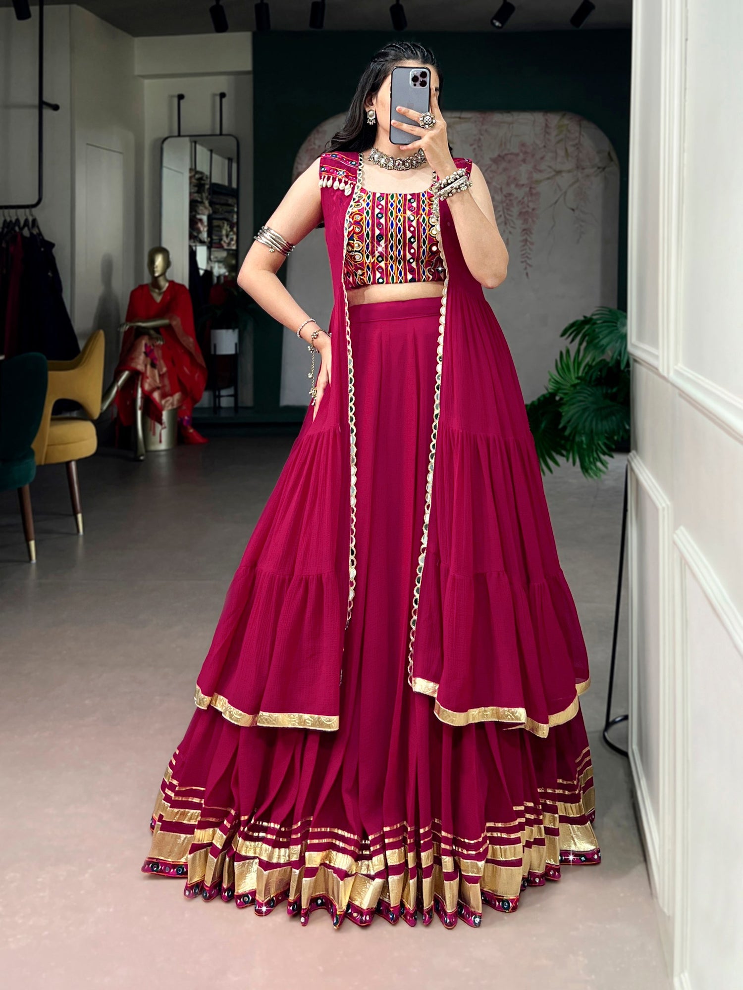 Red Pure Reyon Cotton Gamthi Gotta Patti Work Navratri Lehenga Choli