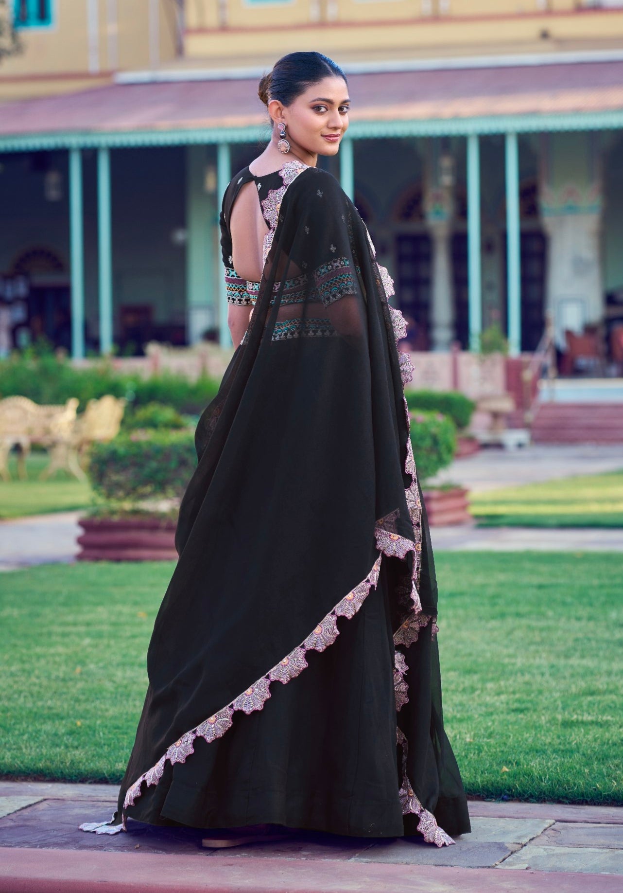 Black Pure Aurum Georgette Silk Thread &amp; Sequins Work Lehenga Choli
