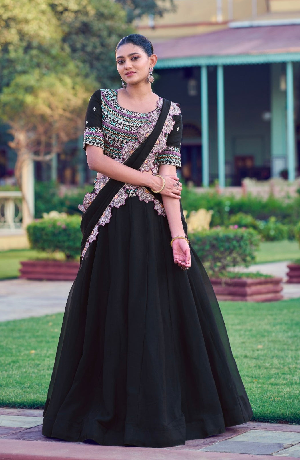 Black Pure Aurum Georgette Silk Thread &amp; Sequins Work Lehenga Choli