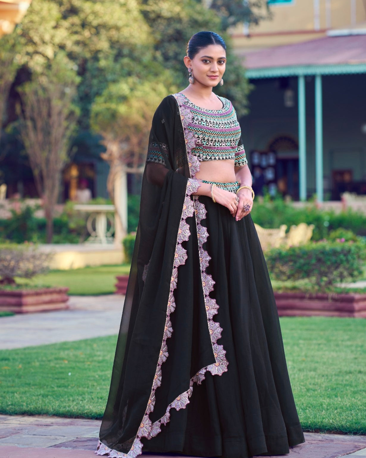 Black Pure Aurum Georgette Silk Thread &amp; Sequins Work Lehenga Choli