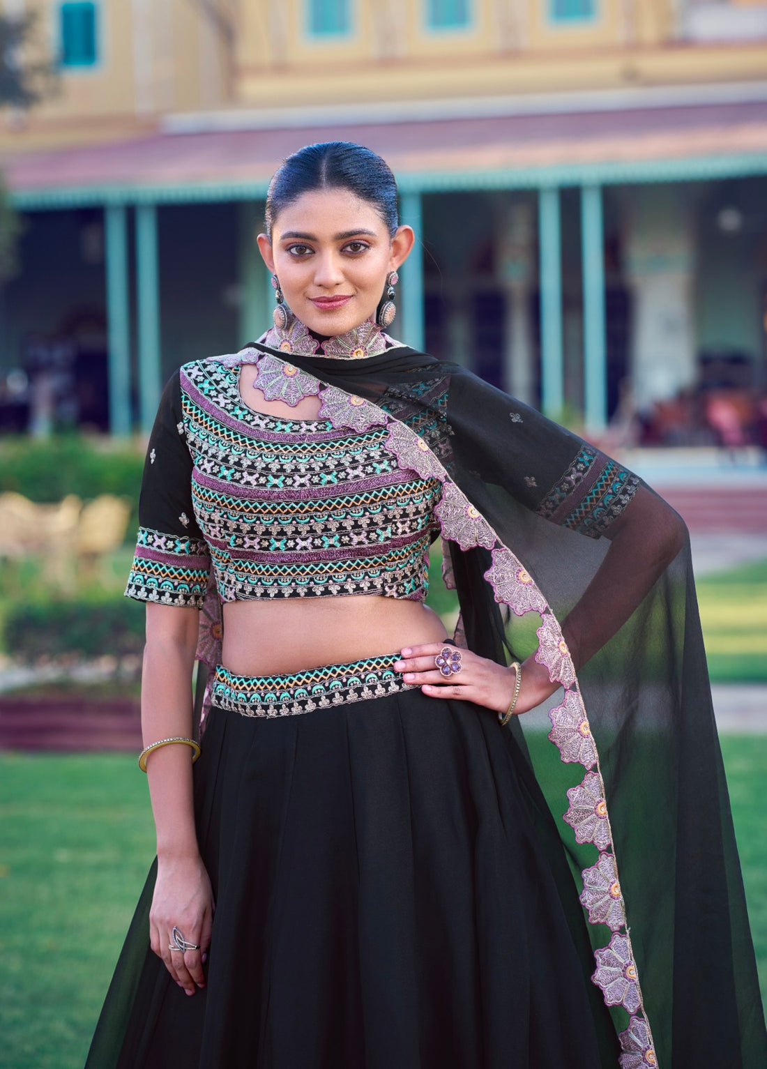 Black Pure Aurum Georgette Silk Thread &amp; Sequins Work Lehenga Choli