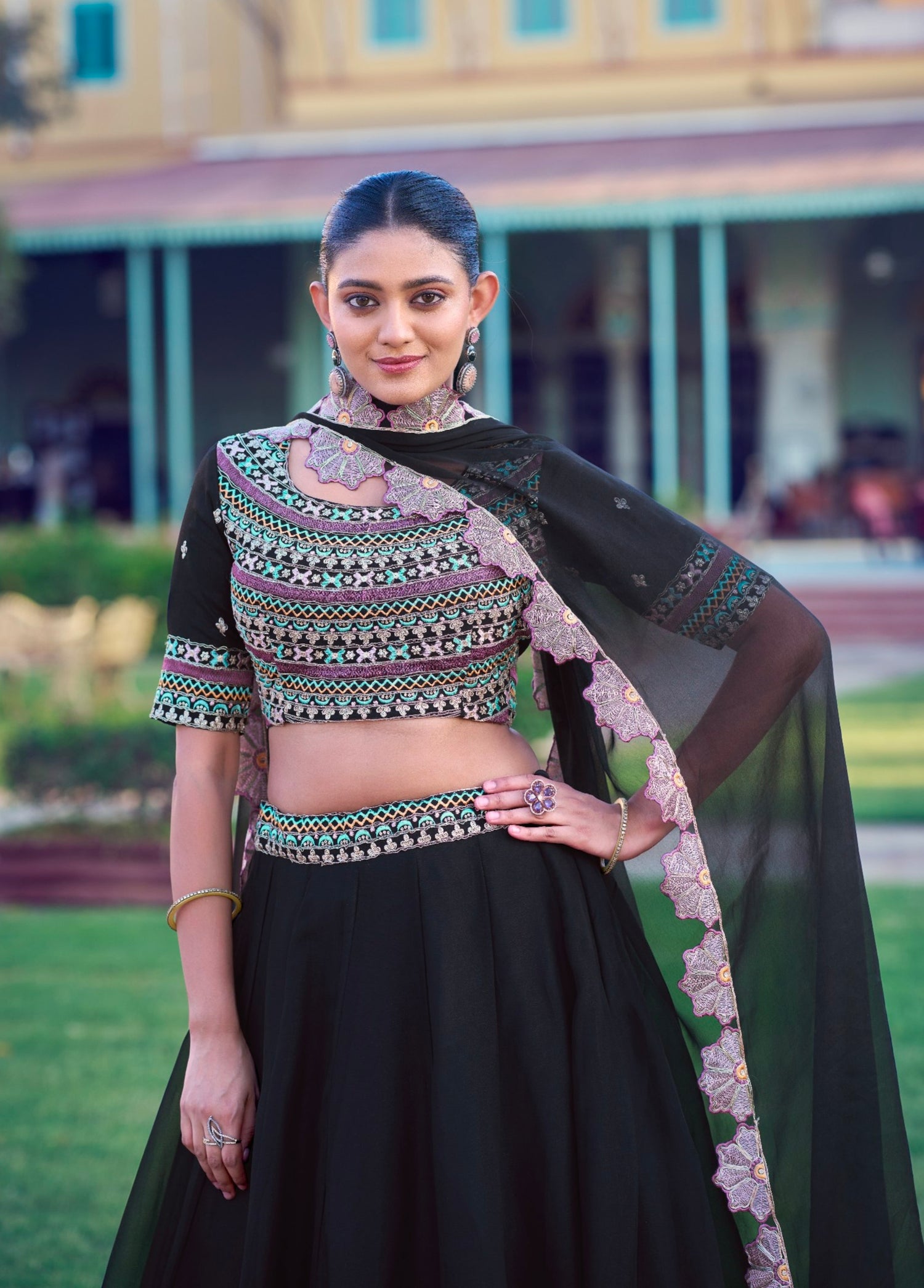 Black Pure Aurum Georgette Silk Thread &amp; Sequins Work Lehenga Choli