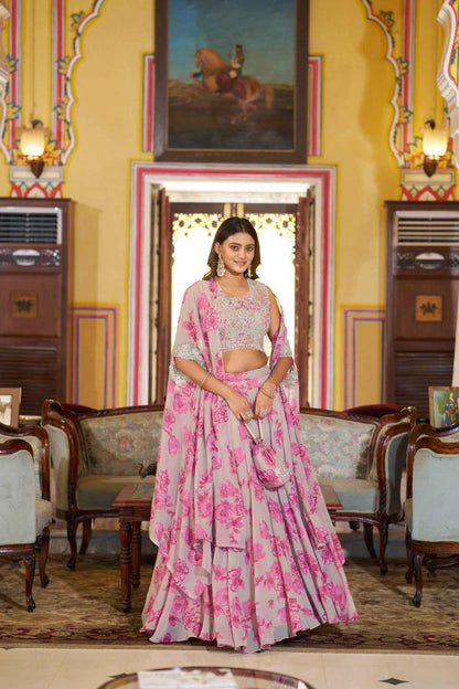 Pink Pure Georgette Silk Thread &amp; Sequins Work Lehenga Choli
