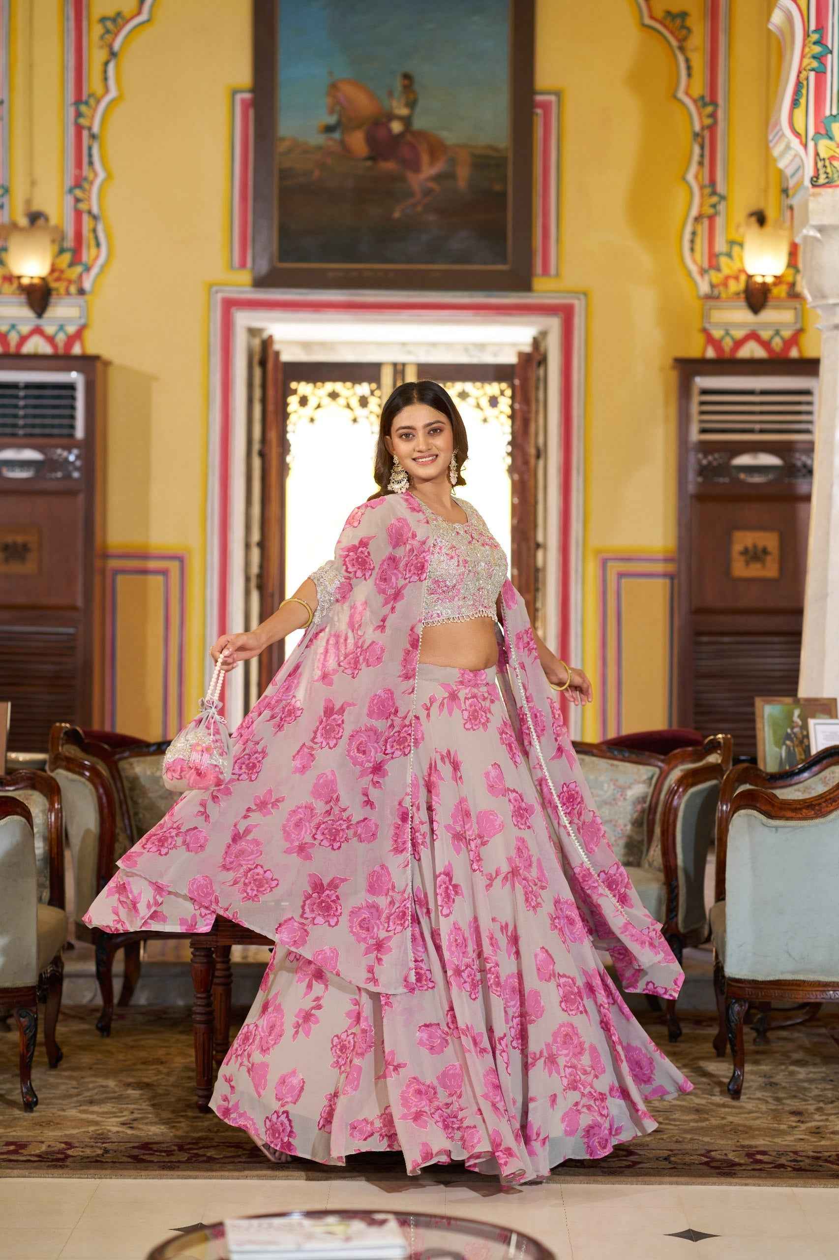 Pink Pure Georgette Silk Thread &amp; Sequins Work Lehenga Choli