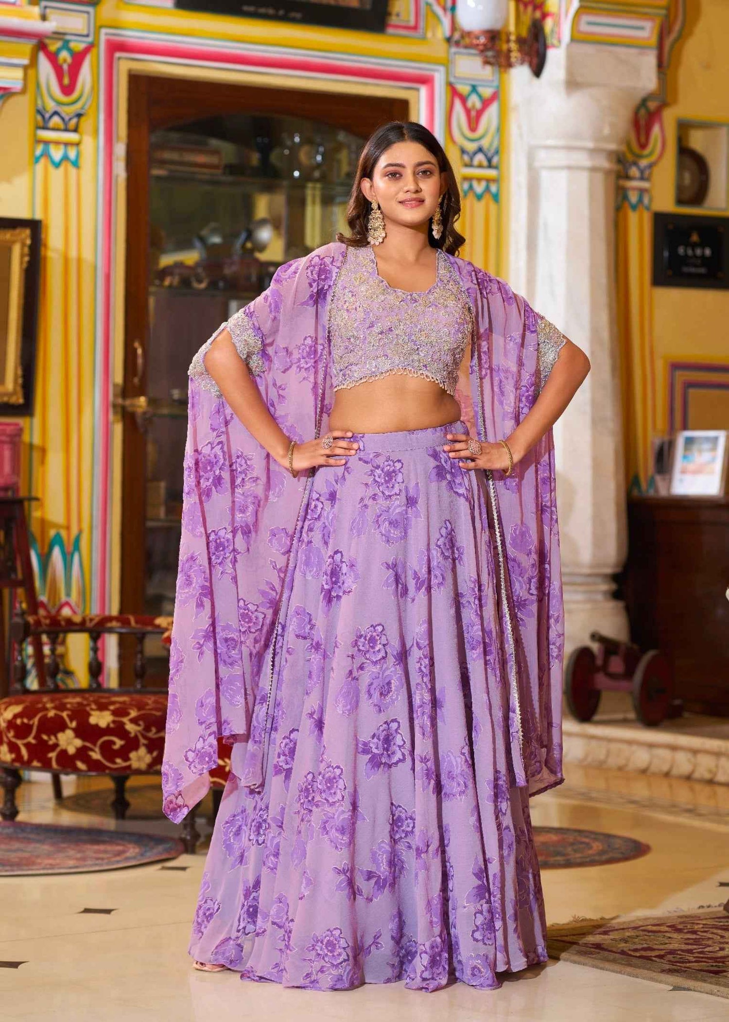 Lavender Pure Georgette Silk Thread &amp; Sequins Work Lehenga Choli
