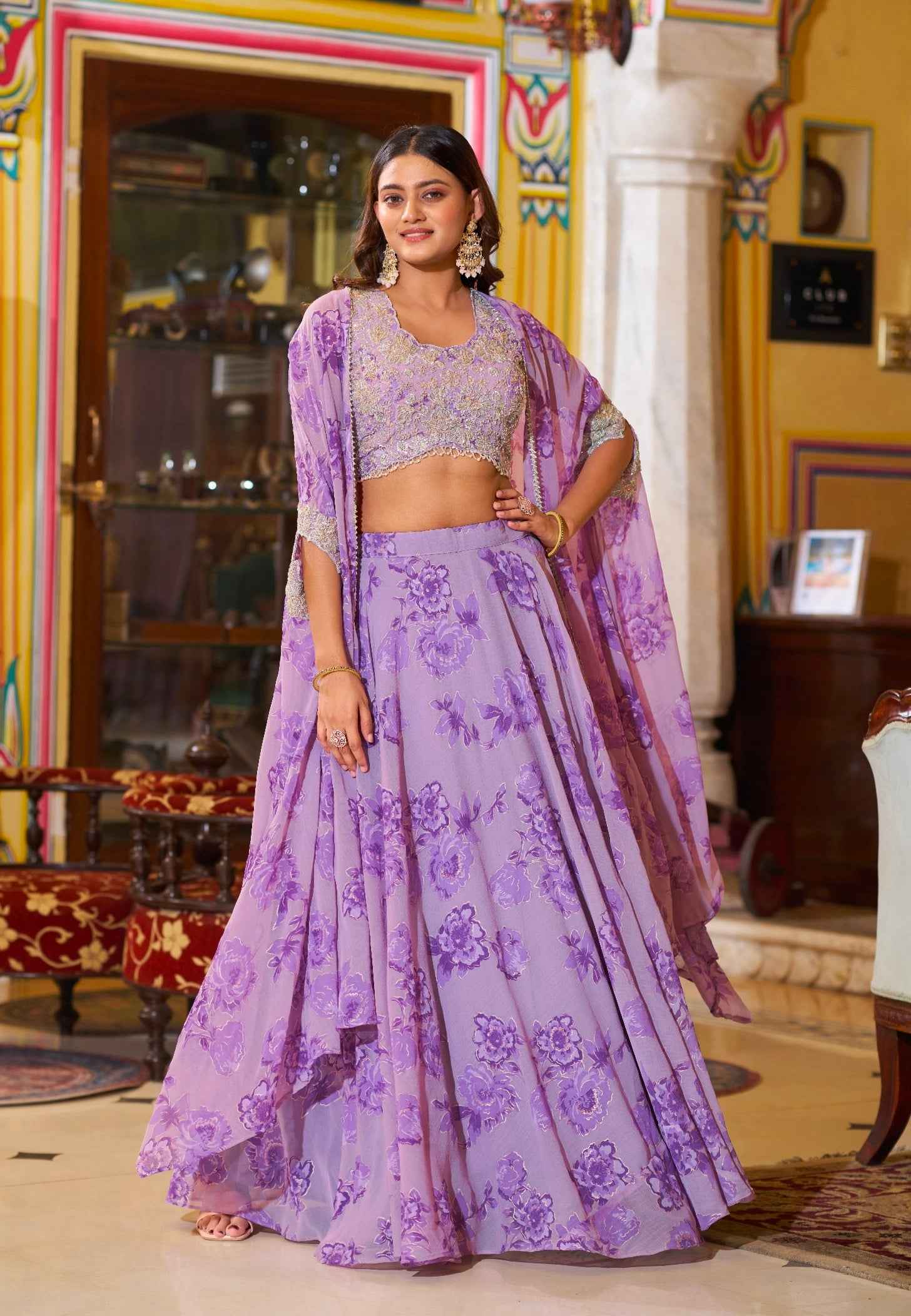 Lavender Pure Georgette Silk Thread &amp; Sequins Work Lehenga Choli