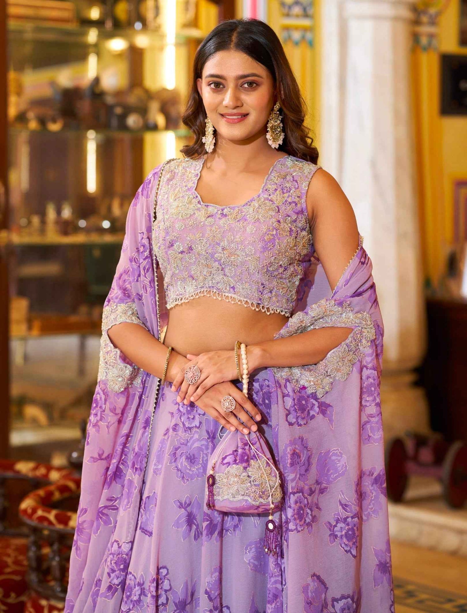 Lavender Pure Georgette Silk Thread &amp; Sequins Work Lehenga Choli