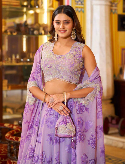 Lavender Pure Georgette Silk Thread &amp; Sequins Work Lehenga Choli