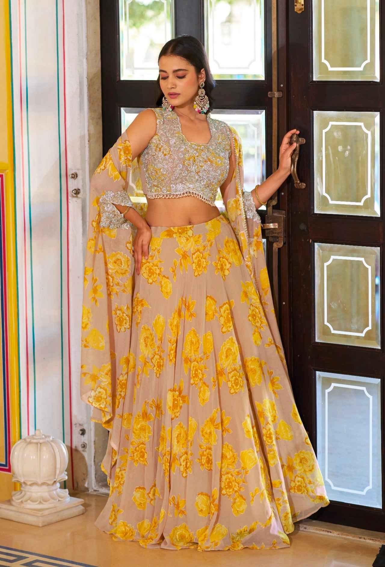 Mustard Pure Georgette Silk Thread &amp; Sequins Work Lehenga Choli