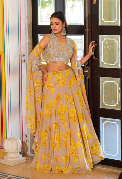 Mustard Pure Georgette Silk Thread &amp; Sequins Work Lehenga Choli