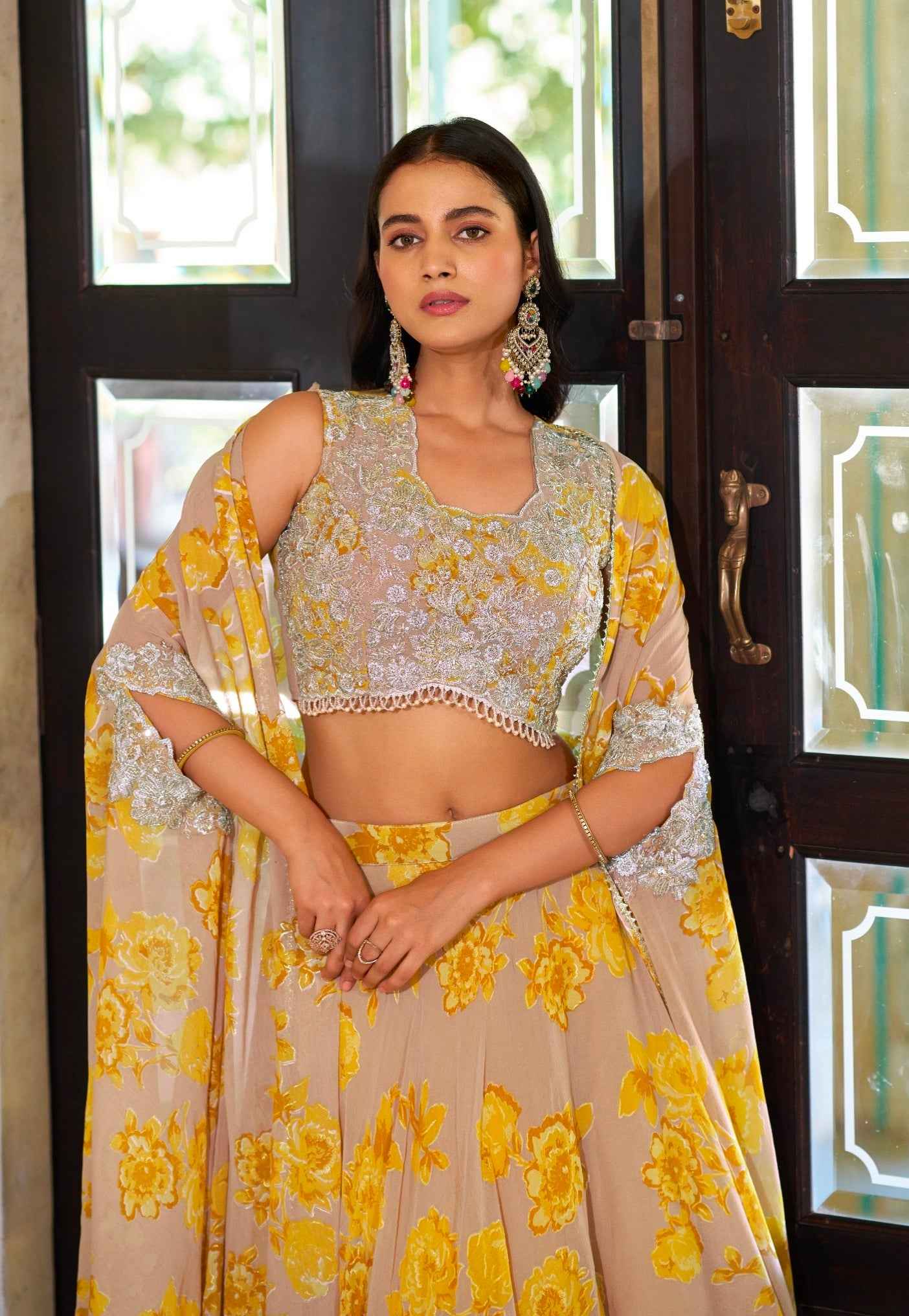 Mustard Pure Georgette Silk Thread &amp; Sequins Work Lehenga Choli