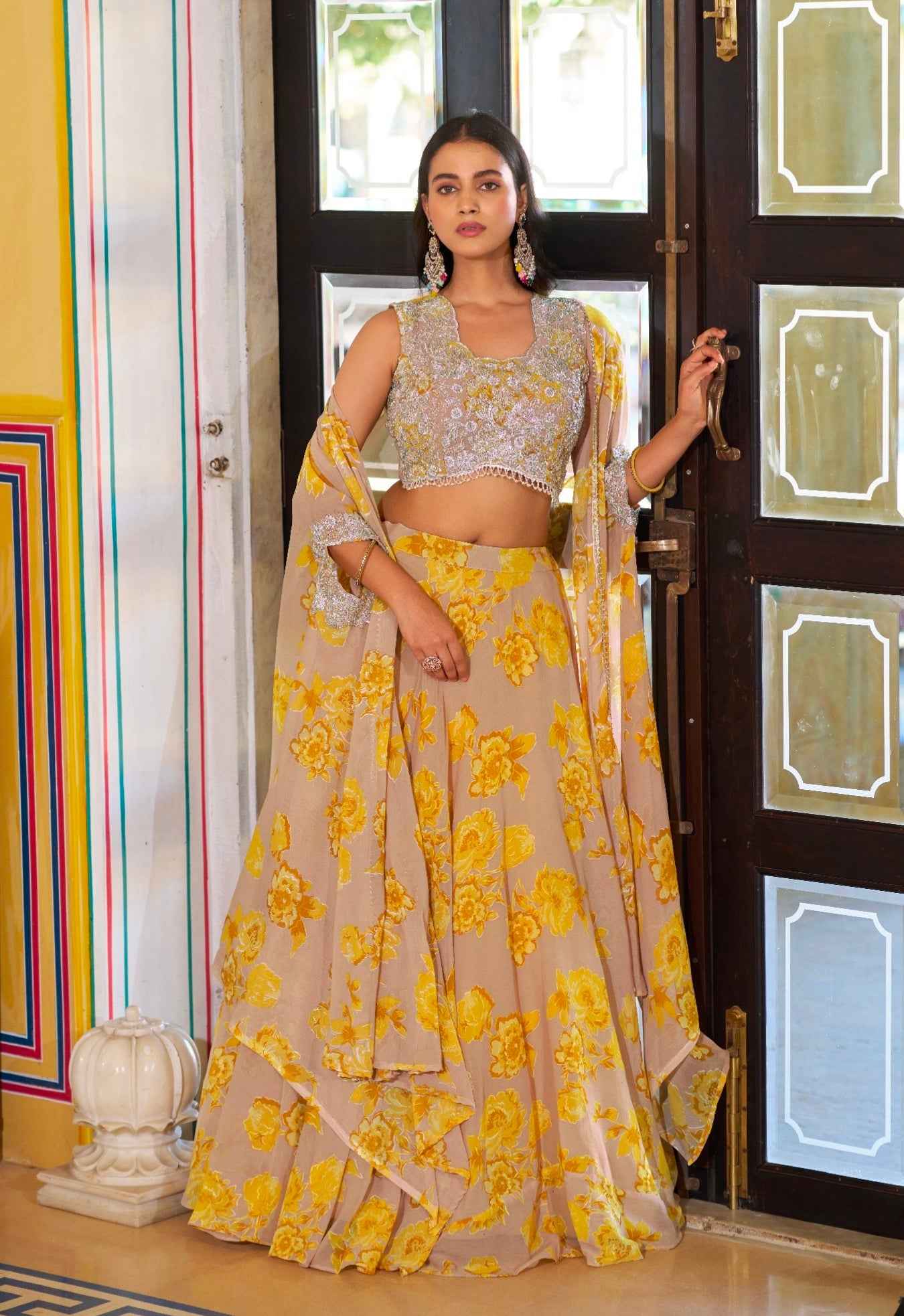 Mustard Pure Georgette Silk Thread &amp; Sequins Work Lehenga Choli