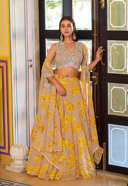 Mustard Pure Georgette Silk Thread &amp; Sequins Work Lehenga Choli