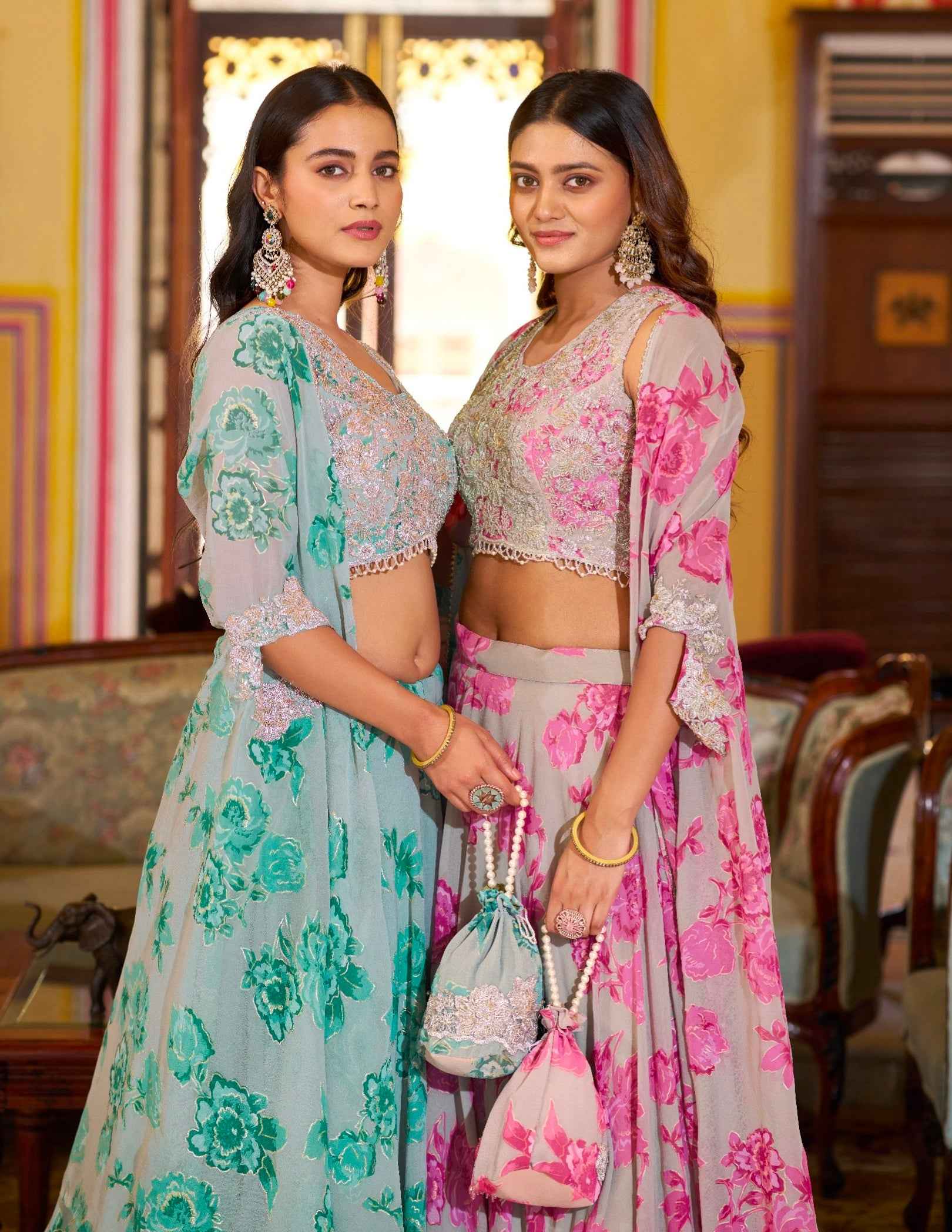 Pink Pure Georgette Silk Thread &amp; Sequins Work Lehenga Choli