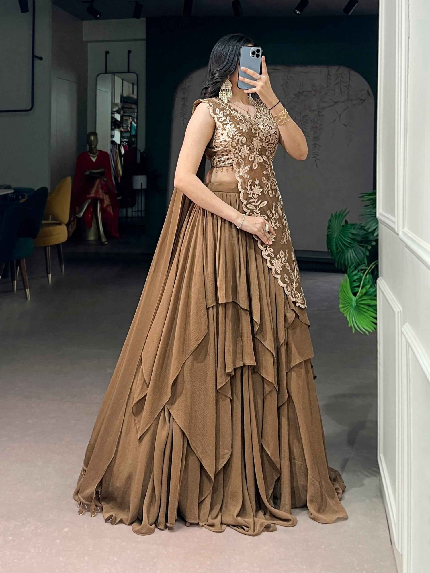 Coffee Pure Marble Thread &amp; Sequins Work Lehenga Choli