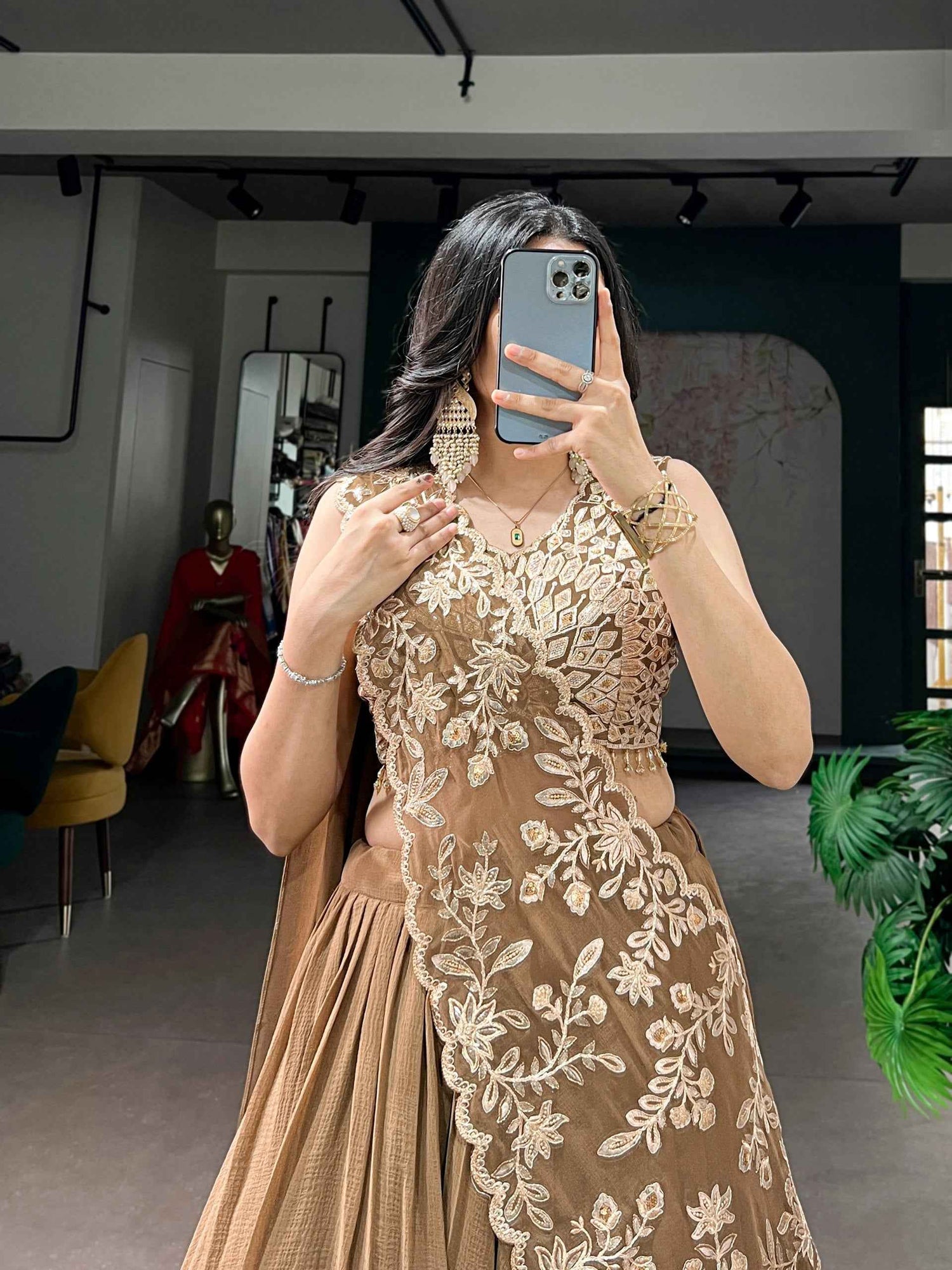 Coffee Pure Marble Thread &amp; Sequins Work Lehenga Choli