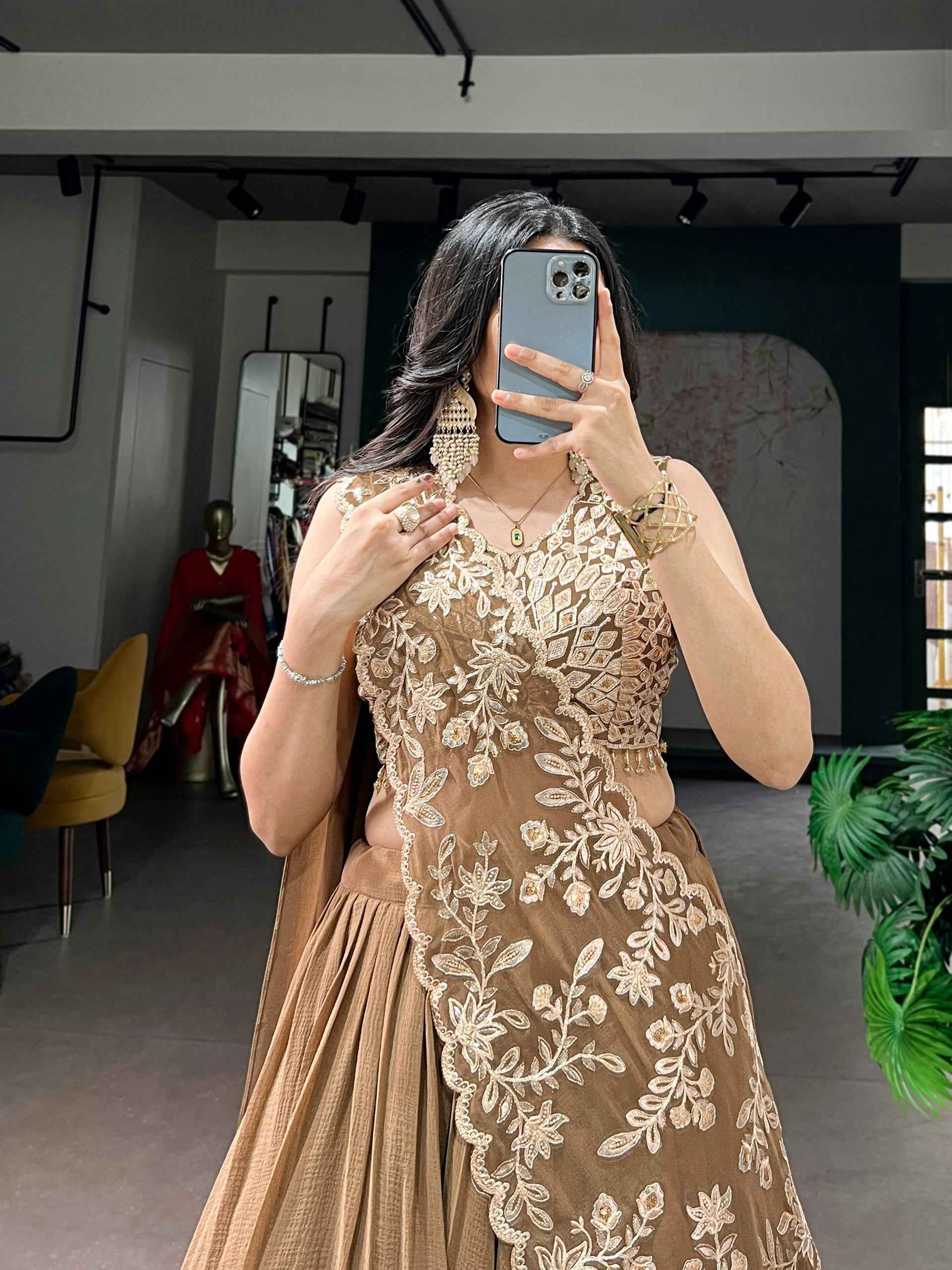 Coffee Pure Marble Thread &amp; Sequins Work Lehenga Choli