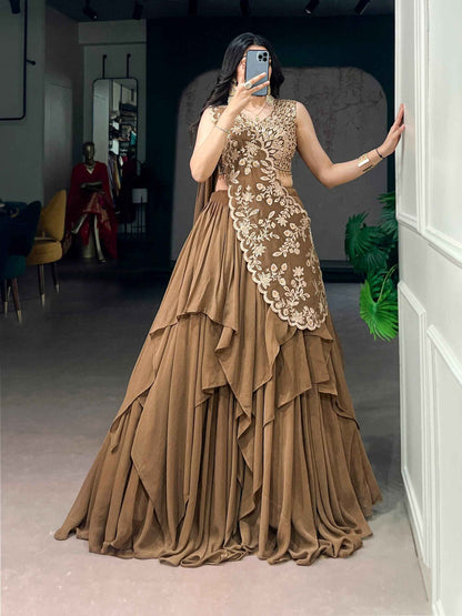 Coffee Pure Marble Thread &amp; Sequins Work Lehenga Choli