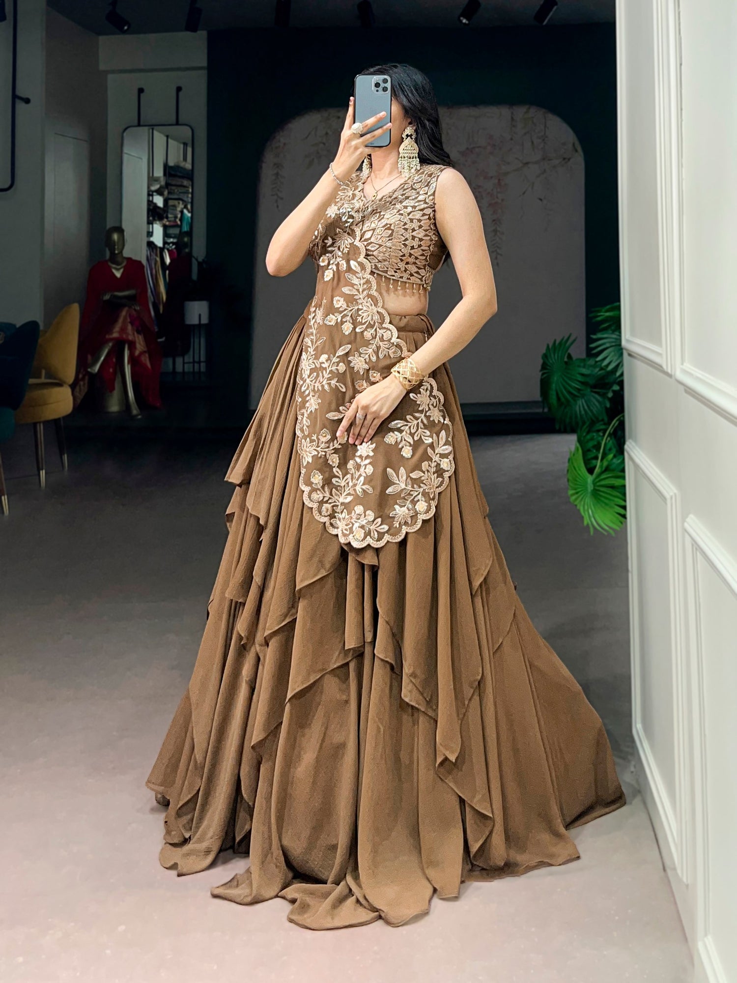 Coffee Pure Marble Thread &amp; Sequins Work Lehenga Choli
