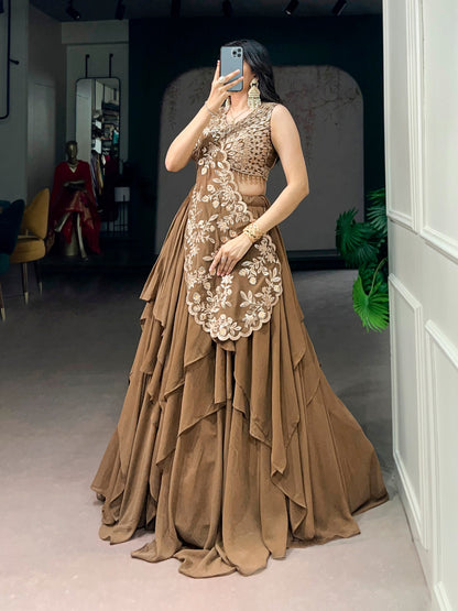 Coffee Pure Marble Thread &amp; Sequins Work Lehenga Choli