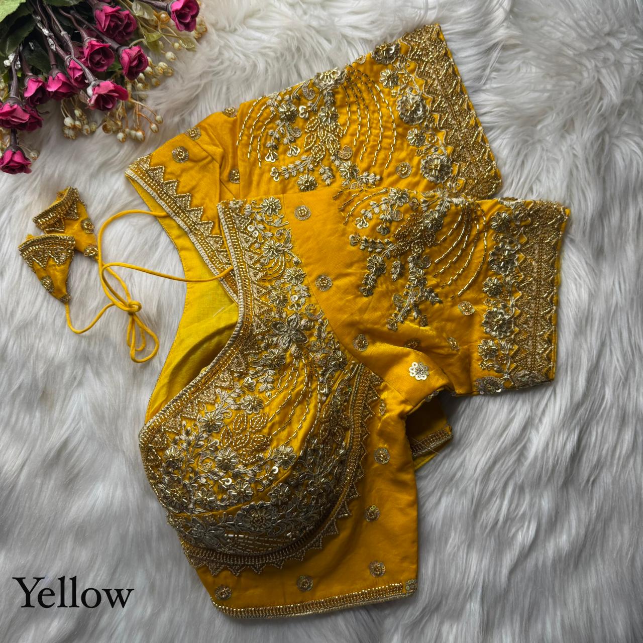 Yellow Pure Heavy Pure Soft Fandy Silk Sequins Work Bridal Blouse