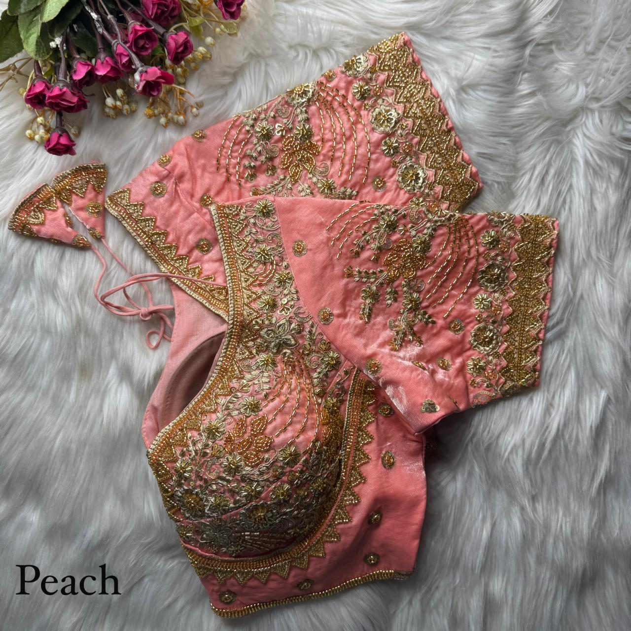 Peach Pure Heavy Pure Soft Fandy Silk Sequins Work Bridal Blouse