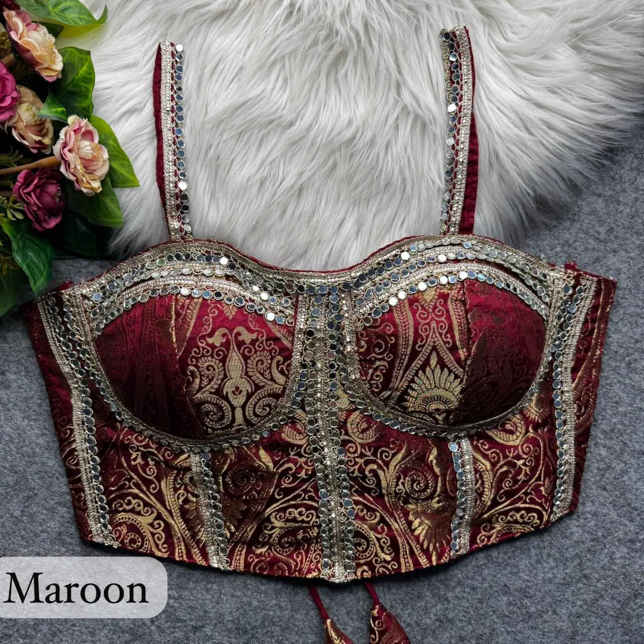 Maroon Pure Heavy Banarasi With Real Mirror Work Bridal Blouse