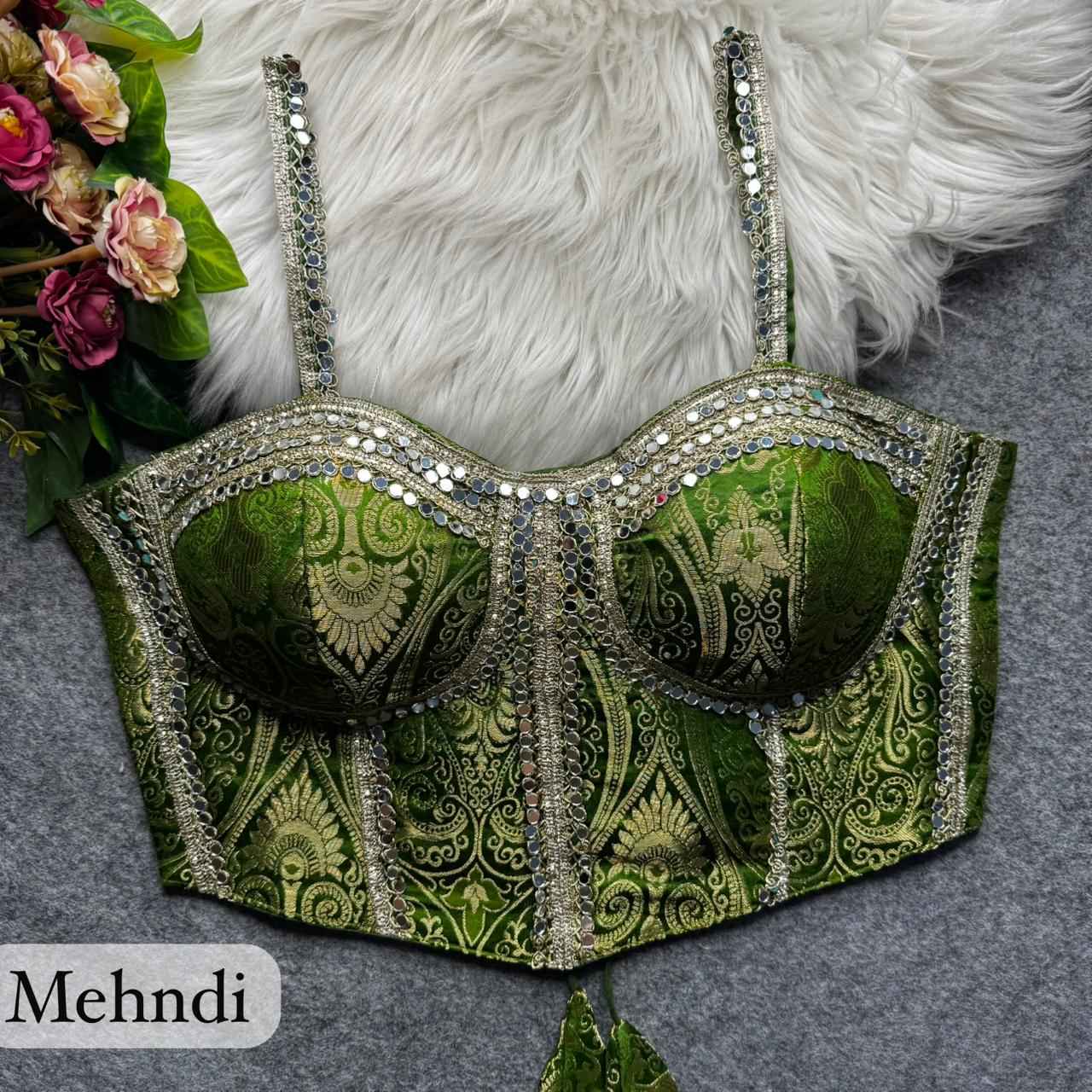 Mehandi Pure Heavy Banarasi With Real Mirror Work Bridal Blouse