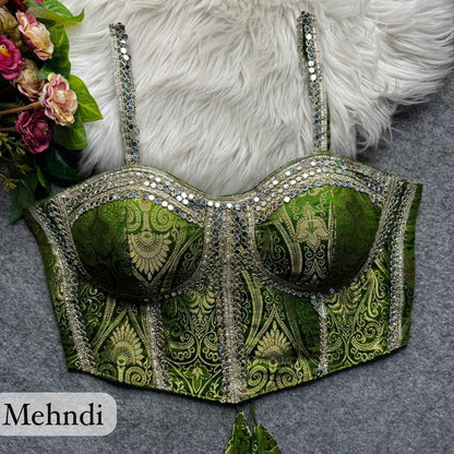 Mehandi Pure Heavy Banarasi With Real Mirror Work Bridal Blouse