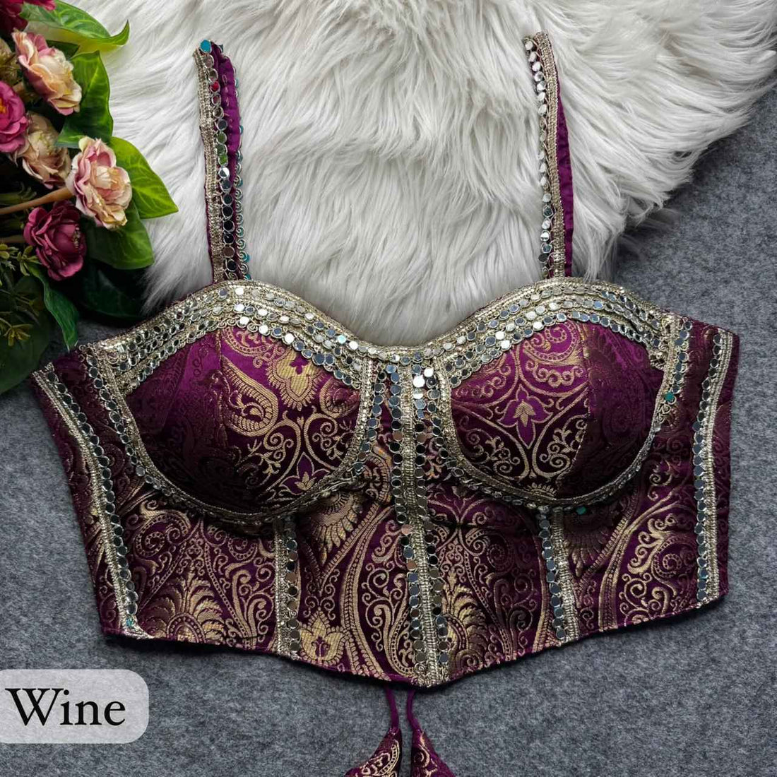Wine Pure Heavy Banarasi With Real Mirror Work Bridal Blouse