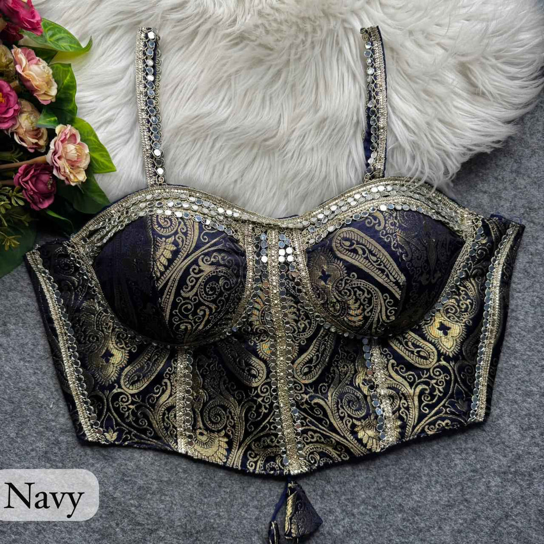 Navy Pure Heavy Banarasi With Real Mirror Work Bridal Blouse