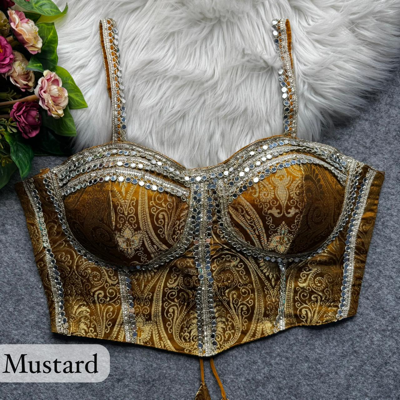 Mustard Pure Heavy Banarasi With Real Mirror Work Bridal Blouse
